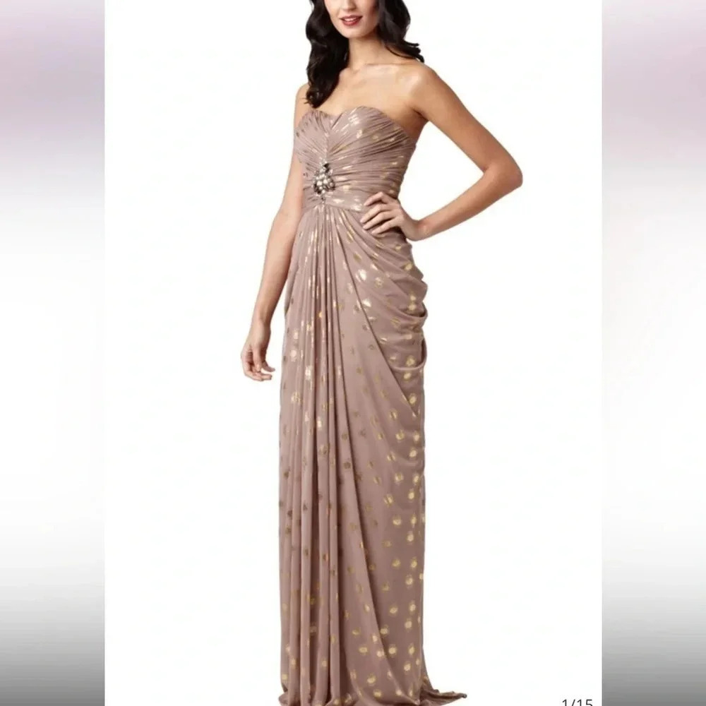 - ADRIANNA PAPELL BLUSH FOILED METALLIC DOT DRAPED STRAPLESS GOWN SZ 6